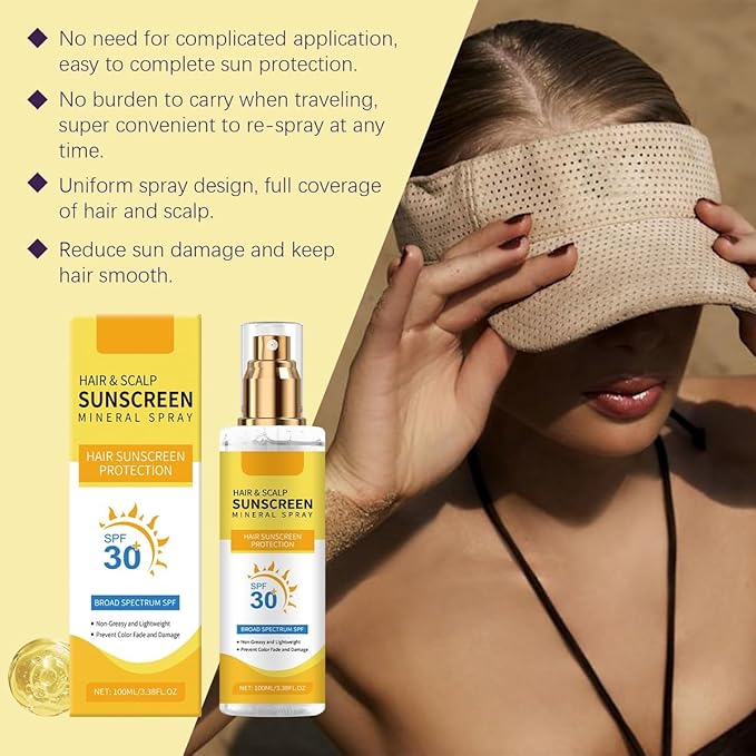 Hair and Scalp Sunscreen Spray SPF 30, Prevents Hair Fading Dryness & Scalp Sunburn for All Skin Type and UV Defense.(1 Pcs)