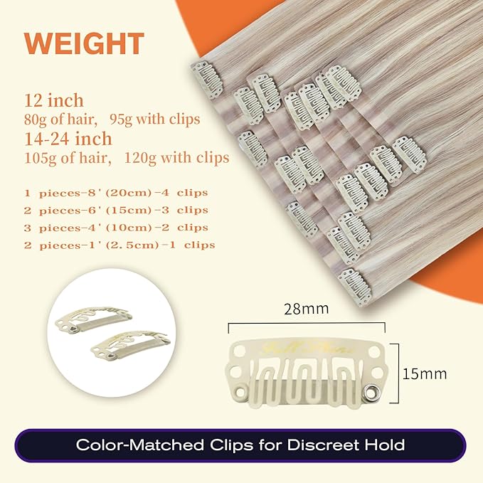 Full Shine Clip in Human Hair Extensions Highlights 20 Inch Long Ash Blonde Clip in Hair Extensions Ash Blonde Mix Bleach Blonde PU Clip ins Real Human Hair 8 PCS 120 G