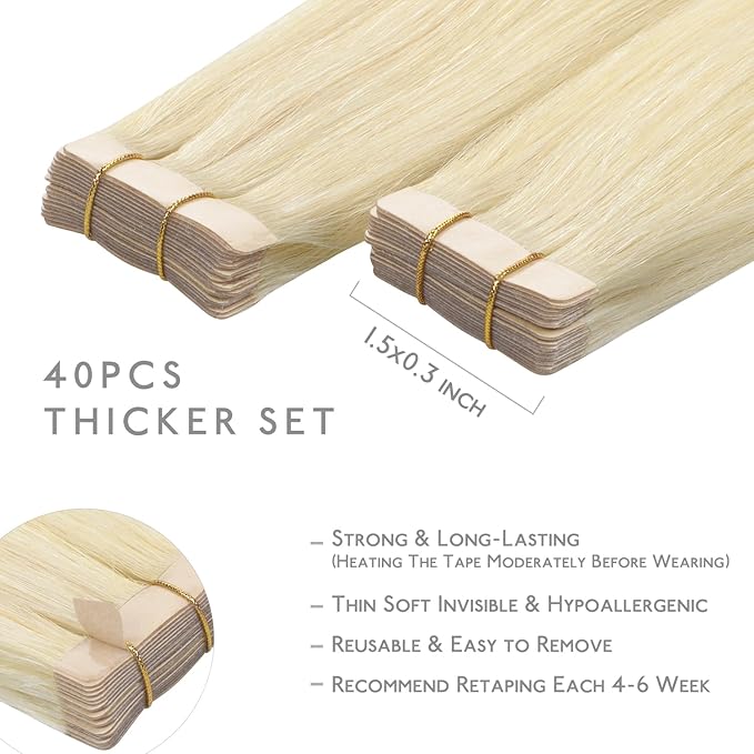 WENNALIFE Tape in Hair Extensions Human Hair, 40pcs 80g 12 inch Platinum Blonde Hair Extensions Real Human Hair Straight Tape in Extensions Invisible Human Hair Extensions Reusable Real Hair Extension