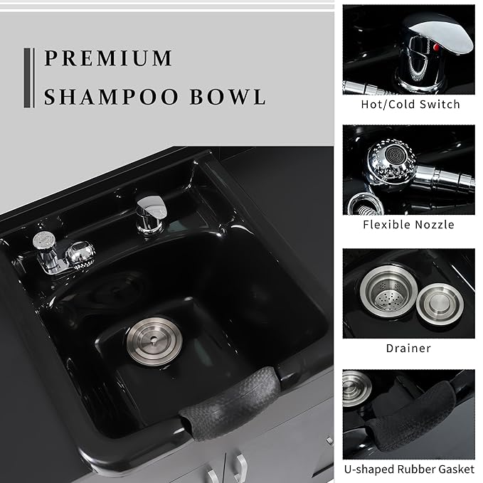 Shampoo Backwash Station for Salons,Salon Station with Shampoo Bowl & Storage Layer, Drawer,10V Outlets, USB Port, Faucet Sprayer, Salon Equipment for Spa Beauty, Black Color