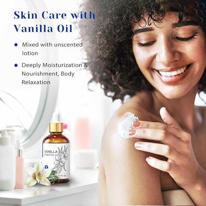 HIQILI 1 Fl Oz Vanilla Essential Oil, Undiluted Natural Strong Fragrance Add in Skin Perfume, Unscented Lotion, Candle Soap Making Scent, Relax at Home with Diffuse Warm Sweet Aroma