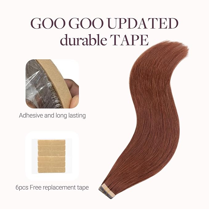 GOO GOO Tape in Hair Extensions Human Hair, #33B Dark Auburn Copper, 20inch 100g 40pcs, Skin Weft Seamless Invisible, Silky Straight with Thick Ends, Remy Human Hair