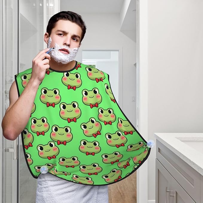Beard Bib with 3 Suction Cups, Non-Stick Waterproof Hair Catcher Apron, Men's Shaving Essential for Grooming, Green Frog Kawaii Shave Bib