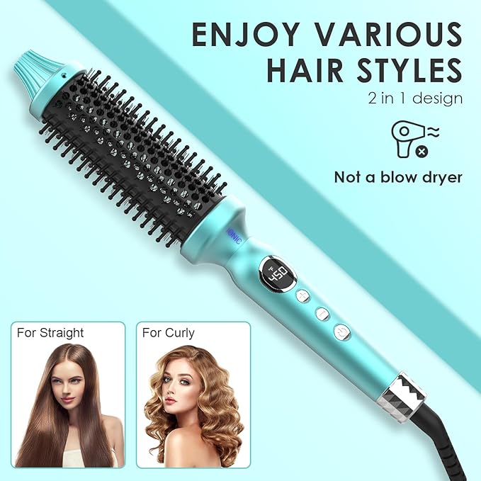 1 1/2 Inch Thermal Brush Negative Ion Heated Round Brush Dual Voltage 12 Temperature Settings Curling Hairbrush for Medium Long Hair (1.5 Inch Barrel 2.1 Inch Bristles)