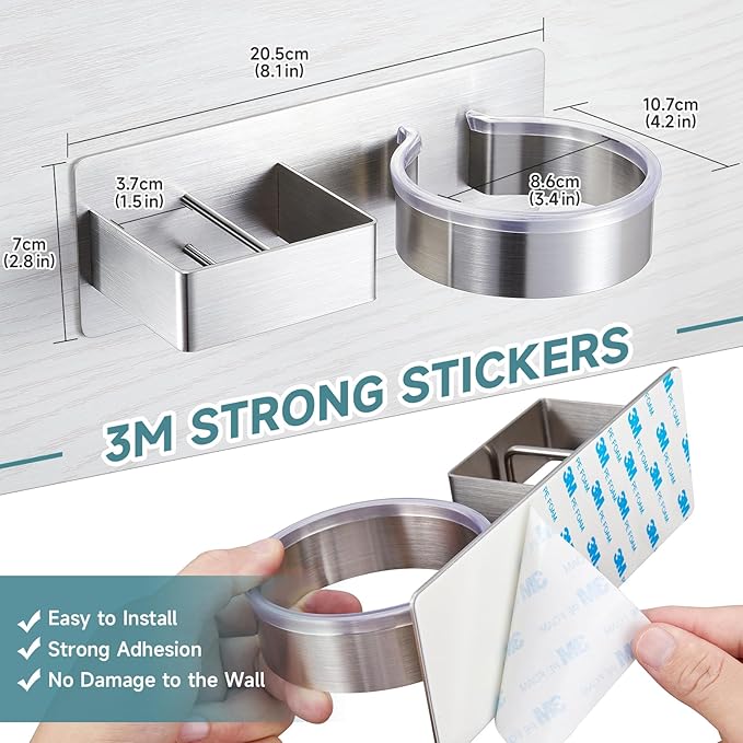 Hair Dryer Holder, Hair Tool Organizer, Stainless Steel Blow Dryer Holder Wall Mounted, Adhesive Straightener Holder, Bathroom Hair Care Styling for Flat Iron,Curling Iron,Hairdryer