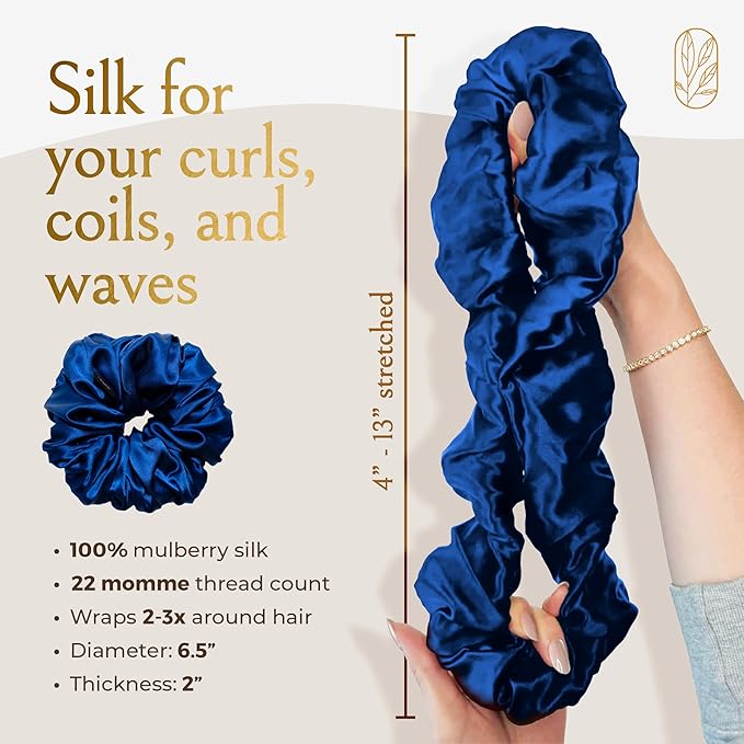 Silk Scrunchies for Women Ponytail Holders – Oversized Mulberry Silk Scrunchies – Extra Large No Damage Hair Ties for Curly, Thick, and Thin - Hair Accessories for Women – Sapphire, XL By Curlfriend