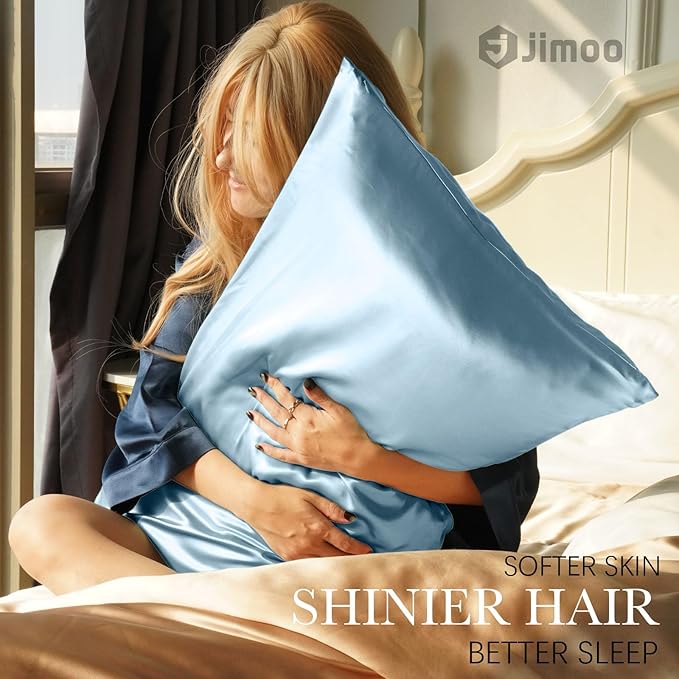 100% Mulberry Silk Pillowcase for Hair and Skin, 22 Momme Pure Natural Silk Pillow Case Both Sided with Zipper, Pillow Cover for Women Mom Men (Light Blue, Queen 20''×30'', 1 Pack)