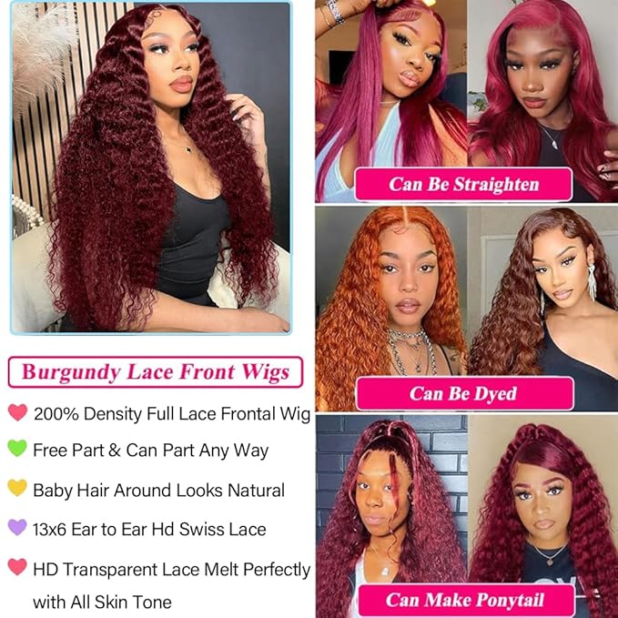32 Inch 99J Burgundy Lace Front Wigs Human Hair Red Burgundy Wig 200% Density 13x6 Deep Wave Lace Front Wigs Human Hair Pre Plucked Glueless Lace Frontal Wigs for Women