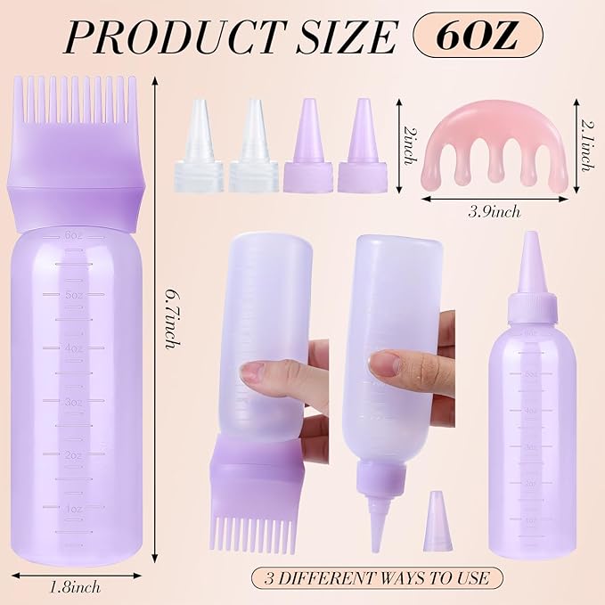 Pimoys Hair Oil Applicator Bottle for Scalp, Root Comb Applicator Bottles Hair Dye Squeeze Bottle Coloring Tools，2 Pack (Purple, White) with 4 Pointed Mouth Cover and Massage Comb