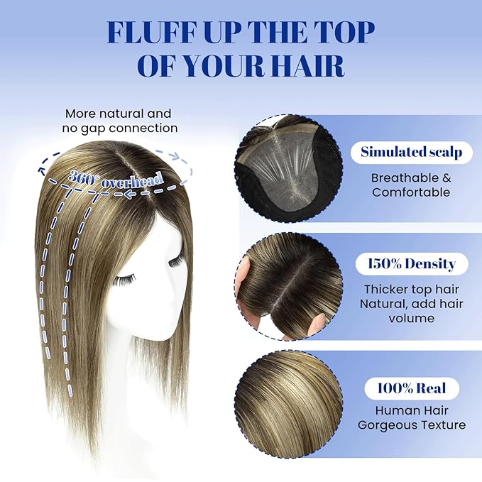 WORLDSTAR Hair Toppers for Women Real Human Hair 150% Density 6 * 7 Inch Base 12Inch 55g #1B/4/27 Natural Black Ombre Brown with Caramel Blonde Clip in Human Topper No Bangs (tp#1B/4/27-12)