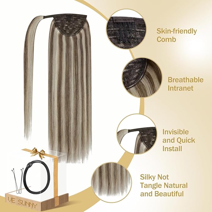 Ve Sunny Hair Extensions Ponytail Real Human Hair Wrap Around Clip in Ponytail Hair Extensions Straight Extensions Human Hair for Women Light Brown Highlights Platinum Blonde 16inch 80G