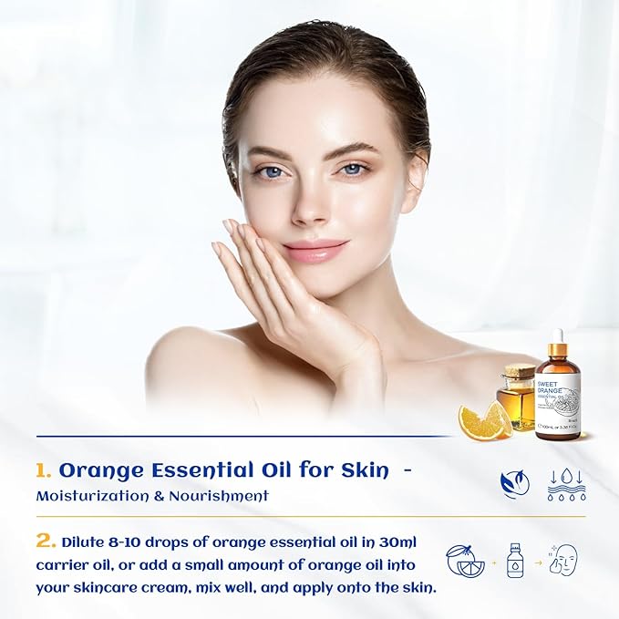 HIQILI 100ML Orange Essential Oil for Air Freshener, DIY Soap, Skin Care, Can be Added to Diffusers, Dryer Balls, Lotions for Use - 3.38 Fl Oz