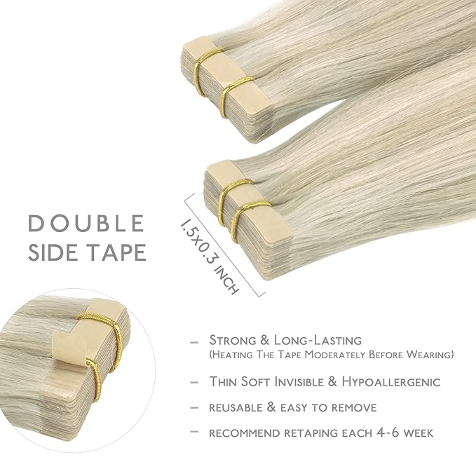 WENNALIFE Tape in Hair Extensions Human Hair, 20pcs 40g 12 inch Ash Blonde Highlighted Platinum Blonde Remy Hair Extensions Straight Human Hair Tape in Extensions Skin Weft Tape Extensions Human Hair