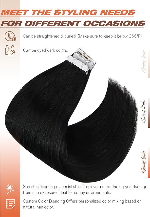 Sunny Hair Tape in Hair Extensions Human Hair 20inch Hair Extensions Real Human Hair Tape in Extensions for Women Jet Black Invisible Remy Hair Natural Straight Skin Weft Double Sided Tape 40pcs 100g