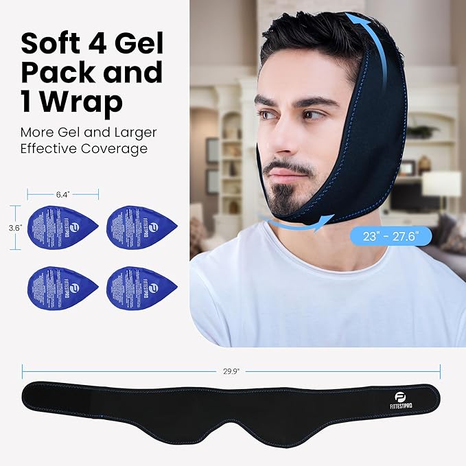 Fittest Pro Wisdom Teeth Ice Pack Head Wrap Jaw Ice Pack for Face Oral Surgery, 4 Hot Cold Gel Pack for TMJ, Tooth Extraction, Tonsillectomy Recovery