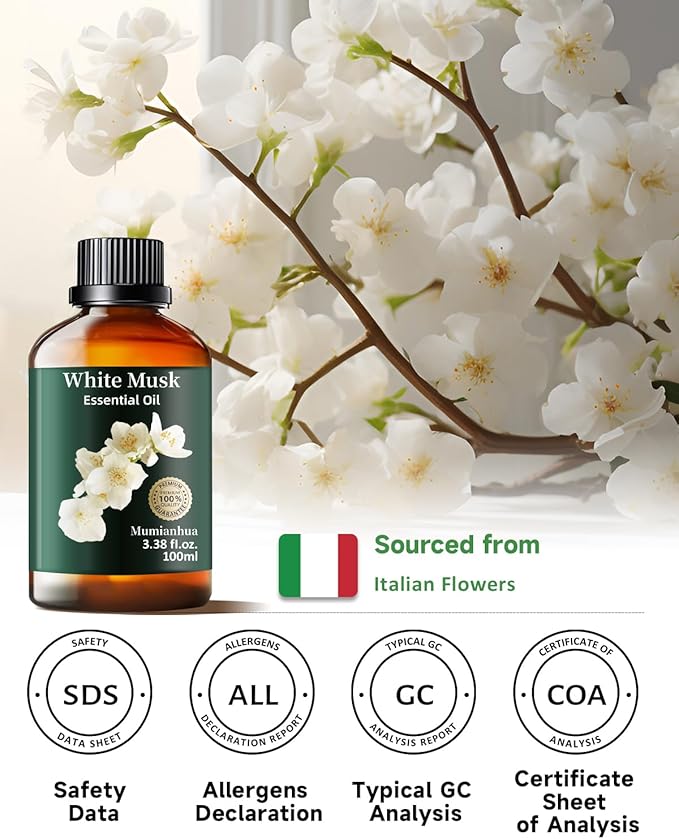 Mumianhua White Musk Oil 100% Pure- Therapeutic Grade Aromatherapy White Musk Essential Oil for Diffuser, Skin & Body Care, Women & Men, Natural Perfume & Candle Making 3.38 Fl Oz