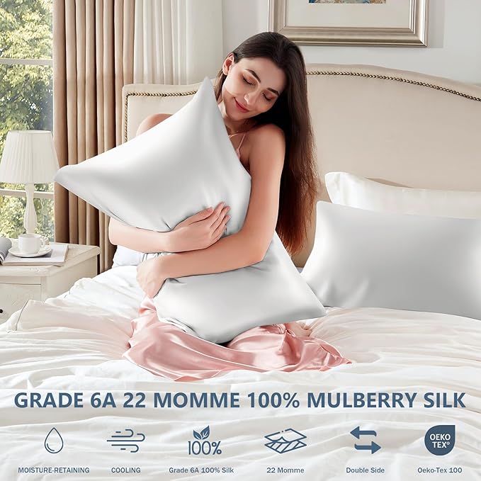 Silk Pillow Cases Standard Size 100% Mulberry Silk Pillowcase for Hair & Skin 22 Momme Both Sided Grade 6A Silk Cooling Soft Breathable 20 x 26 Inches with Hidden Zipper 1PC, White