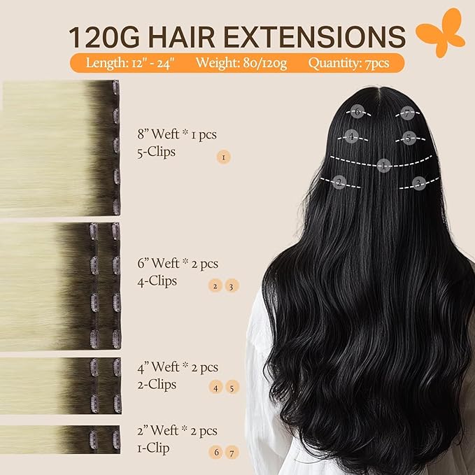 DOORES Clip in Human Hair Extensions, Light Ash Brown to Ash Blonde 100g 7pcs 14 Inch, Remy Hair Extensions Straight Natural Thick