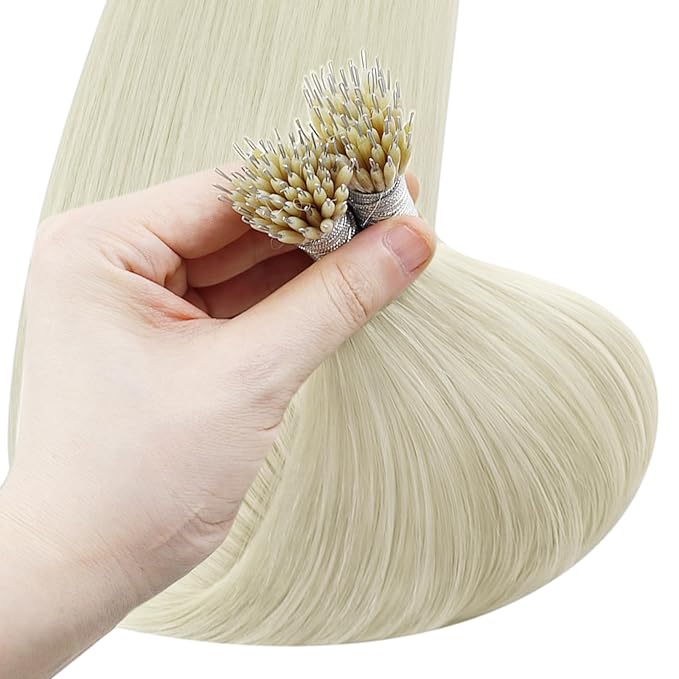 YoungSee 18inch Nano Ring Hair Extensions Human Hair Platinum Blonde Nano Beads Hair Extensions Human Hair Pre Bonded Nanoring Extension Blonde Nano-Tip Hair Extension 50grams 50strands for Wedding