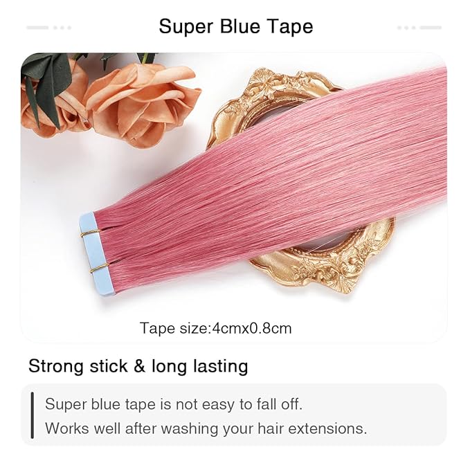 SUYYA Tape in Hair Extensions Human Hair - Hot Pink, 20 Inch, 10PCS/Pack, Straight, 25g