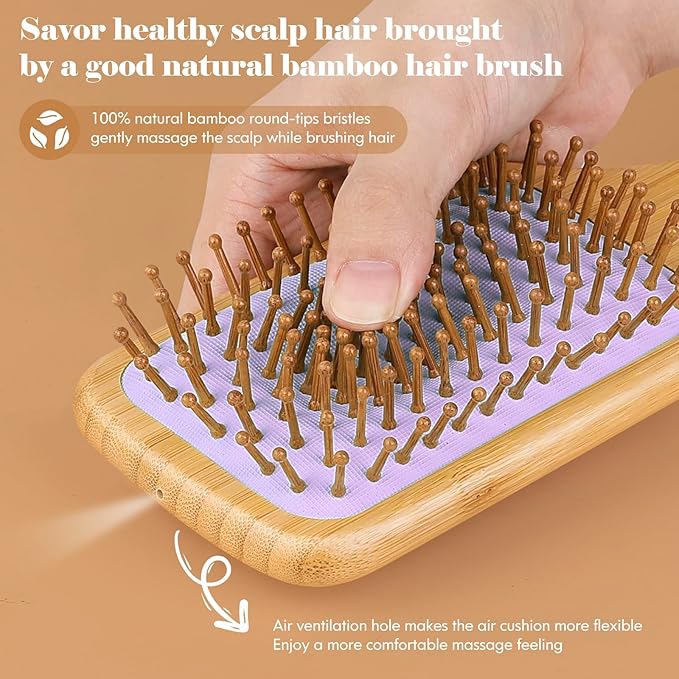 Bamboo Wooden Paddle Hair Brush-Bamboo Wood Bristles Detangling Hairbrush for Women Men Massaging Scalp Hair Growth