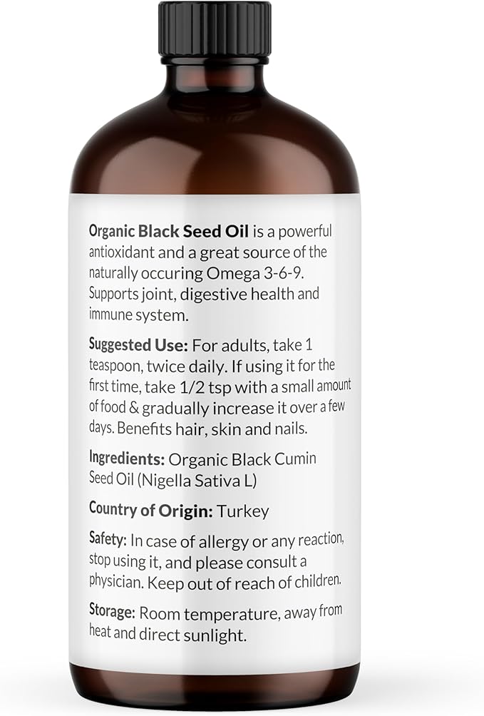 NaturoBliss Organic Black Seed Oil 100 Virgin Cold Pressed in Glass Bottle Omega 3 6 9 Super Antioxidant Immune Support Joints Mobility Digestion Hair Skin Vegan Gluten-Free NonGMO USDA Certified 16oz