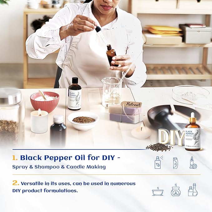 HIQILI Black Pepper Essential Oil for Aromatherapy & Diffuser - Natural Spicy & Warming Scent - Therapeutic Grade - 3.38 Fl Oz