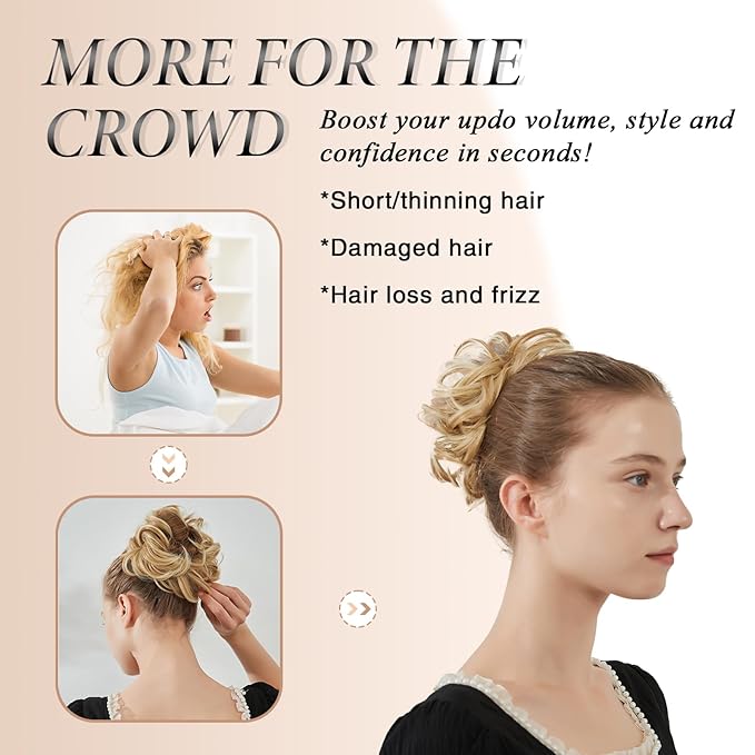 Large Messy Bun Hair Piece Curly Synthetic Extensions Scrunchies Fake Chignon Updo Hairpieces for Women Natural Blonde Balayage