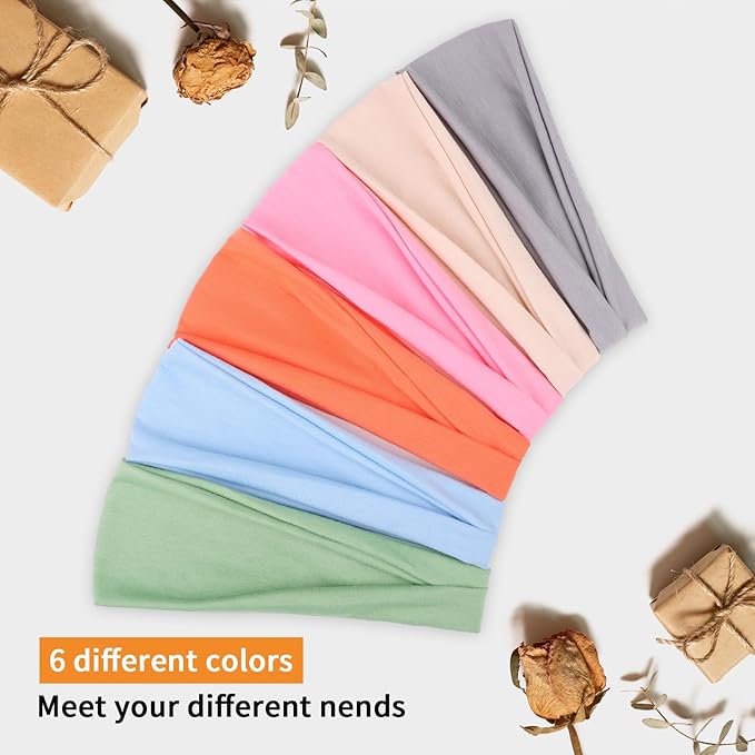 Wide Headbands for Women Non Slip Fashion Womens Headbands 6 Pack Yoga Workout Sweat Head Bands Elastic Hair Bands for Women's Hair Soft Cotton Cloth Headband for Everyday Wear