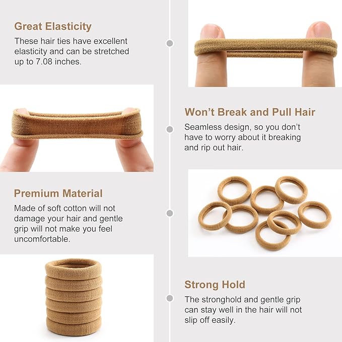 100 Pcs Thick Seamless Hair Ties, Ponytail Holders Hair Accessories No Damage for Thick Hair Christmas Gift(Light Brown Colors)