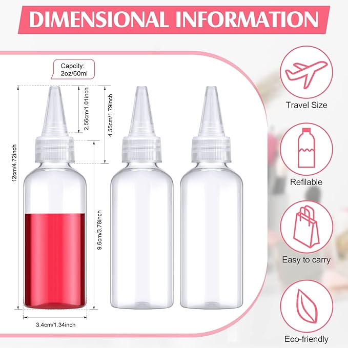 Eccliy 60 Pieces 2 oz 60 ml Plastic Bottles Applicator with Twist Top Cap Pet Refillable Plastic Empty Applicator Bottle for Hair with Clear Twist Top Cap for Hair Oils and Liquids