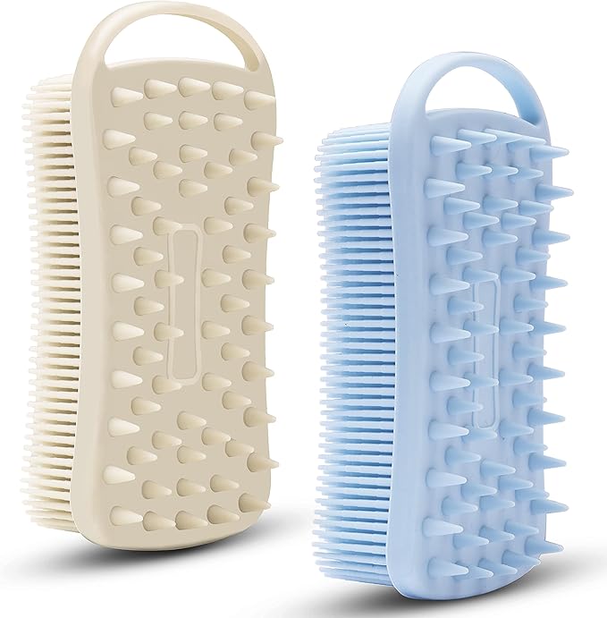 2 PC Silicone Body Scrubber, 2 in 1 Exfoliating Shower Bath Scrubber, Soft Silicone Loofah for Sensitive Skin, Shower Hair Scalp Massager, Easy to Clean, Lather Well (Grey&Blue)