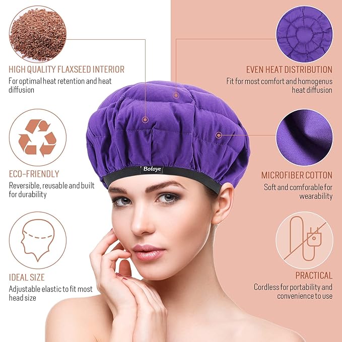 Flaxseed Deep Conditioning Heat Cap - Boloye Cordless 100% Safe Microwave Hot Cap for Natural Curly Textured Hair Care, Drying, Styling, Curling, Universal size (10 PCS One-time shower cap) (Purple)