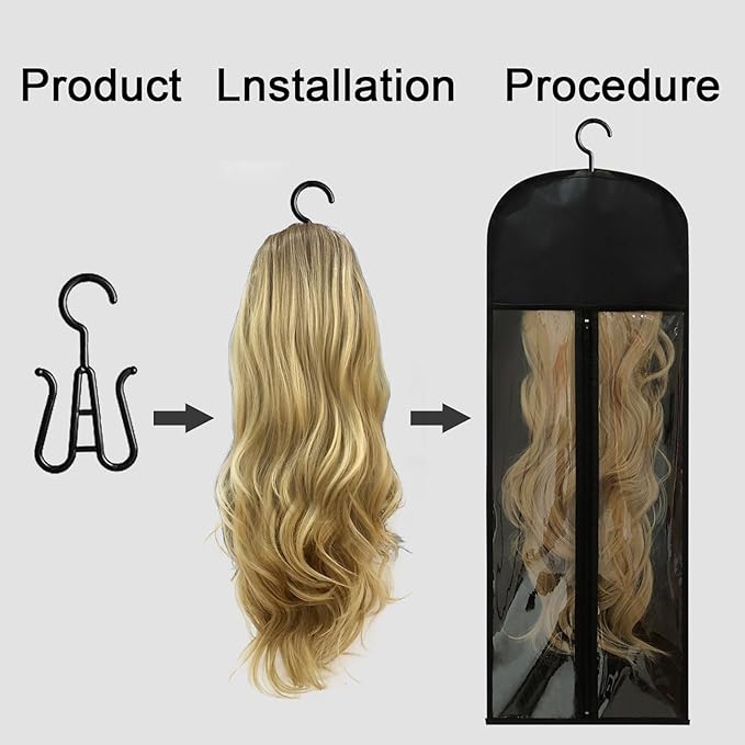 Jonley 4Pcs Extra Long Wig Storage Bags with Hanger, Wig Storage for Multiple Wigs, Wig Bag with Hook Storage, Breathable and Easy Carry Home Hair Salon Travel Use (Black 31.5in)