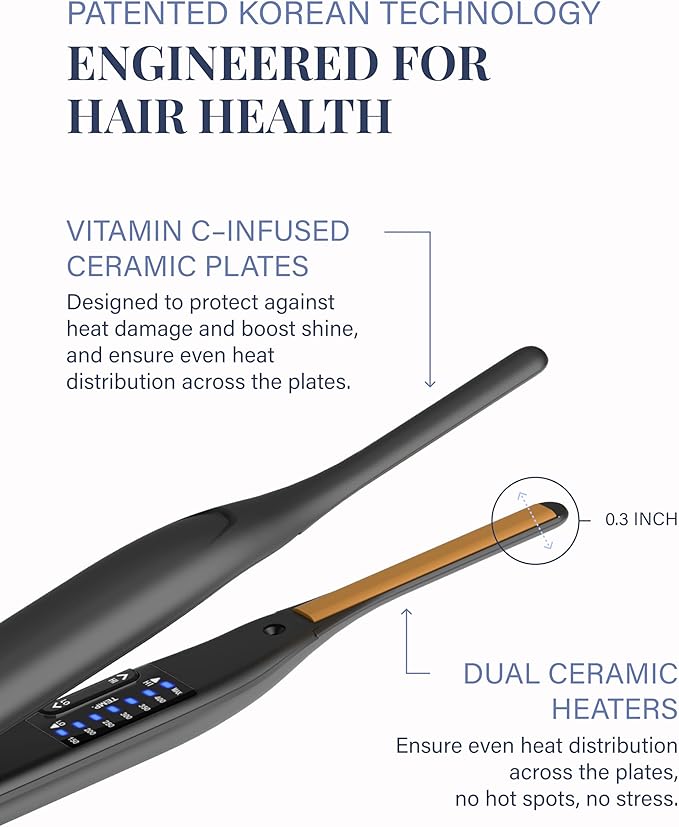 GLAMPALM Stiletto Hair Straightener 0.3" Pencil Ceramic flat iron Infused with Vita C, Korea's No.1 Professional Salon Tool for Short Hair, Dual Voltage, 7 Heat Setting(150°–450°), 10s Heat-Up (GP141)