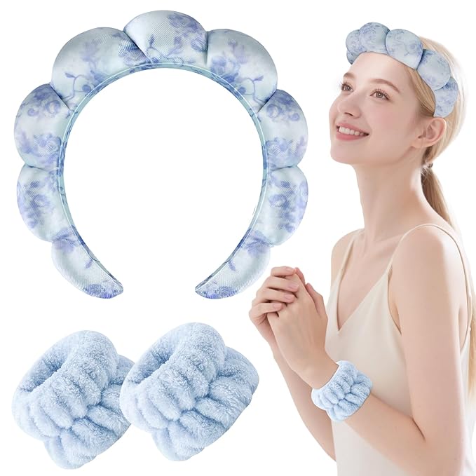 Zkptops Spa Headband for Washing Face Wristband Set Flower Sponge Makeup Skincare Velvet Fabric Bubble Soft Get Ready Hairband for Women Puffy Headwear Non Slip Thick Thin Hair Accessory(Blue Flowers)