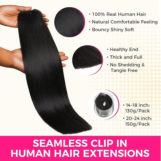 Lashey Seamless Clip in Hair Extensions Human Hair 130g 18 Inch 9pcs #1 Jet Black Light Yaki Straight Full Pack Clip in Hair Extensions for Women
