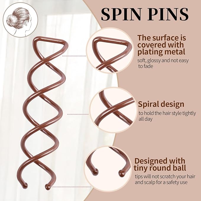 20PCS Spiral Hair Pins, Spin Pins Spiral Bobby Pins for Girls, Women and Kids, Non-Scratch Round Clip & Bun Twist, Stylish Bun Bobby Pins, Premium Spin Pins for Hair, Brown
