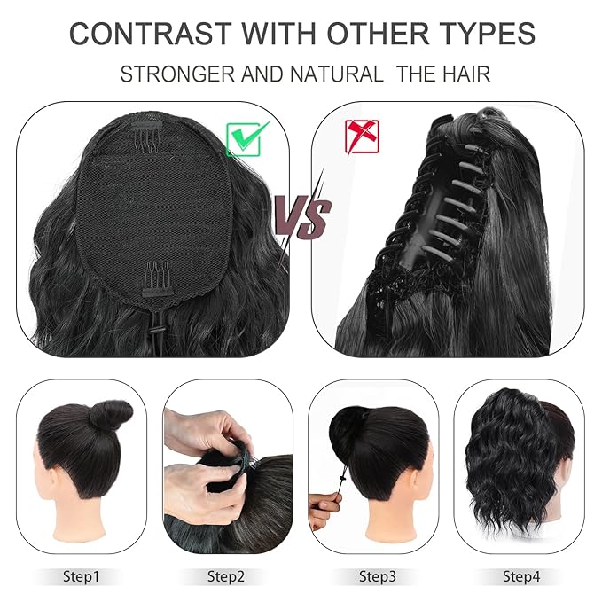 Ponytail Extension,12 Inch Drawstring Ponytail Hair Extensions for Women Synthetic Curly Wavy Fake Pony Tails Hair Pieces for Daily Party Use (T1B/Grey)