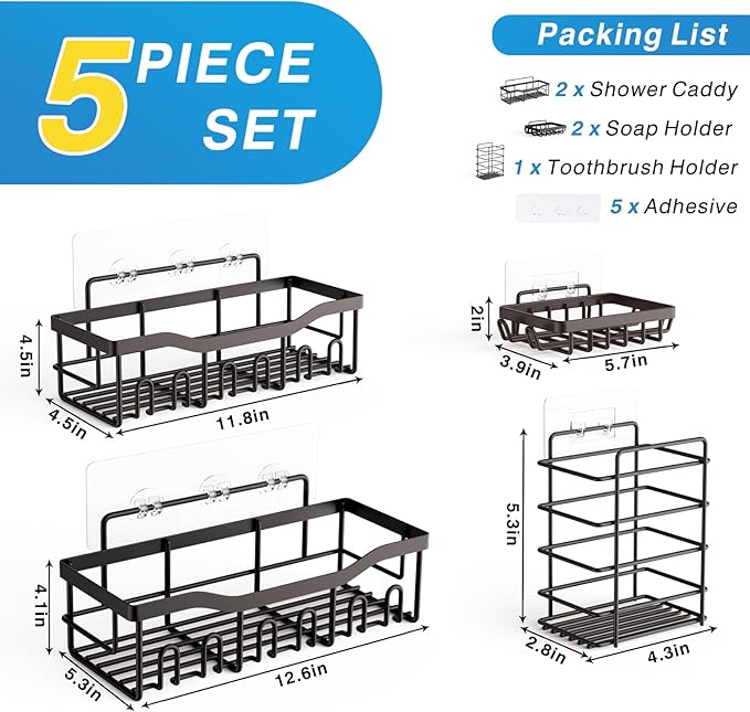EUDELE 5-Pack Rustproof Stainless Steel Shower Caddy – No Drill Adhesive Bathroom Organizer with Large Capacity, Spacious Shower Shelves for Inside Shower, Kitchen & Home Decor Storage-XL Size