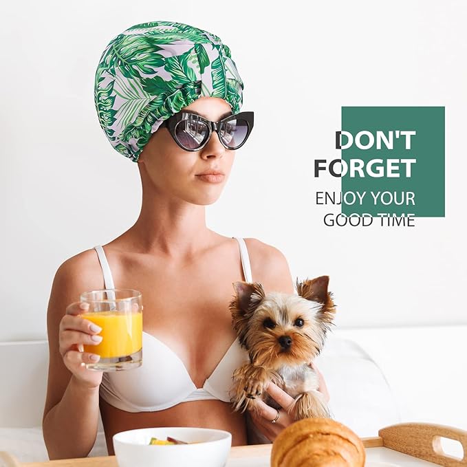 INNELO Luxury Shower Cap for Women Reusable Waterproof, Double Layered Shower Hair Cap with Adjustable Elastic Strap, Large Satin Lined Shower Bath Cap for Long Curly Straight Hair, Palm leaves