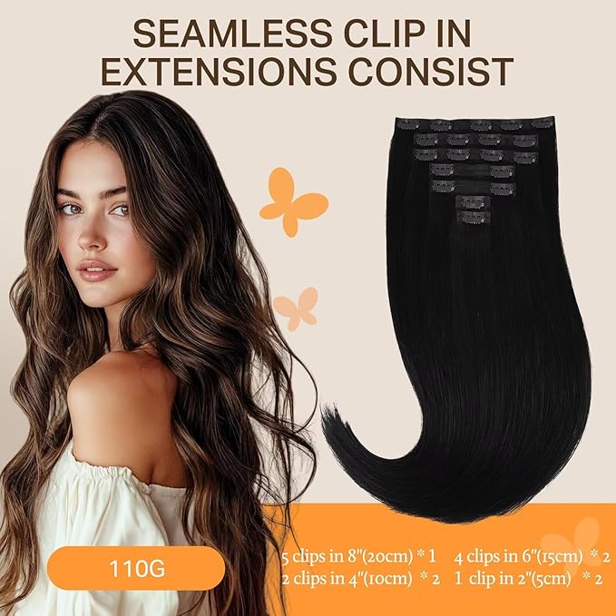 DOORES Seamless Clip-in Real Human Hair Extensions, Jet Black 110g 16 Inch 7pcs, Straight Remy Natural Hair Invisi Edge Clip-ins