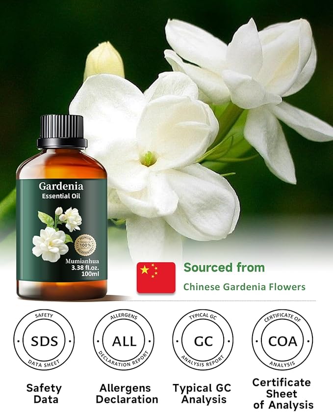 Gardenia Essential Oil Pure, Mumianhua Natural Gardenia Oil for Reed Diffuser, Air Freshener, Skin, Hair, Laundry & Women's Perfume, Candles Making 3.38 Fl Oz