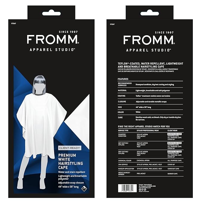 Fromm Professional Client Hair Styling and Hair Cutting Cape, Water and Stain Repellent Teflon Coating for Shampoo Bowl and Wet/Dry Cutting, 44" x 58", White with Black Trim
