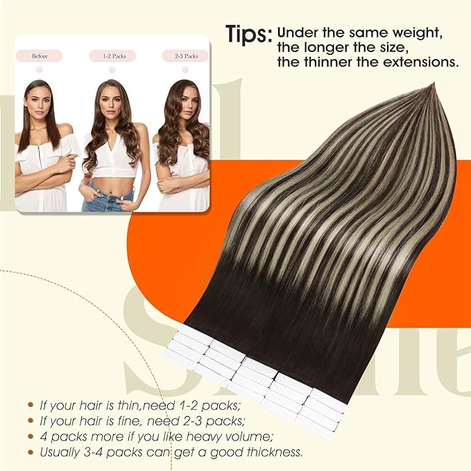 Full Shine Balayage Hair Extensions Real Human Hair Tape ins Color 2 Brown Ombre 60 Blonde Highlight 2 Brown 16Inch Double Sided Tape Extensions Remy 50Gram Seamless Skin Weft 20Pcs for Wedding