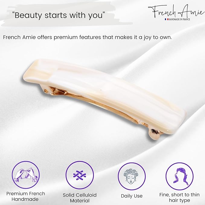 French Amie Small 2 1/4 inch Celluloid Handmade Hair Barrette No Slip Grip Durable Styling Women Hair Accessories Hair Clip for Girls, Made in France(Ivory)