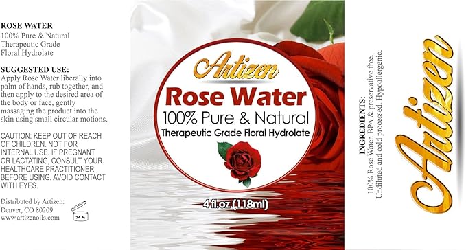 Artizen 100% Pure Rose Water (HUGE 4 OUNCE BOTTLE) Natural Moroccan Rosewater - Beautiful Fresh Fragrance - Perfect Facial & Skin Toner & Moisturizer