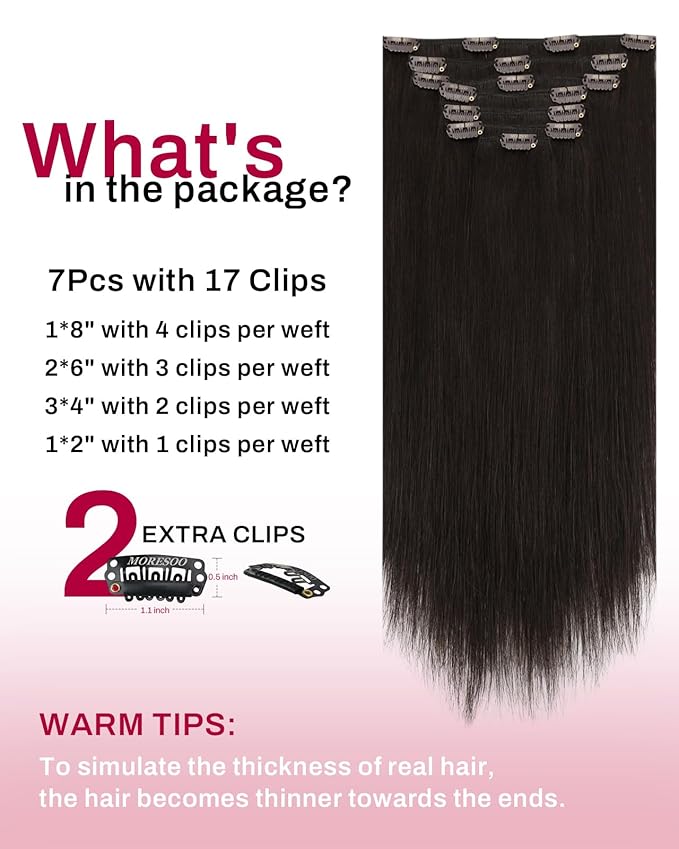Moresoo Brown Clip in Hair Extensions Dark Brown Hair Extensions Clip ins Real Human Hair Long Full Head 22 inch 120g/7pcs