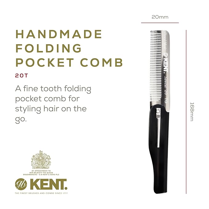 Kent 20T Black Graphite Handmade Folding Pocket Comb for Men, Fine Tooth Hair Comb Straightener for Everyday Grooming Styling Hair, Beard or Mustache, Use Dry or with Balms, Saw Cut, Made in England