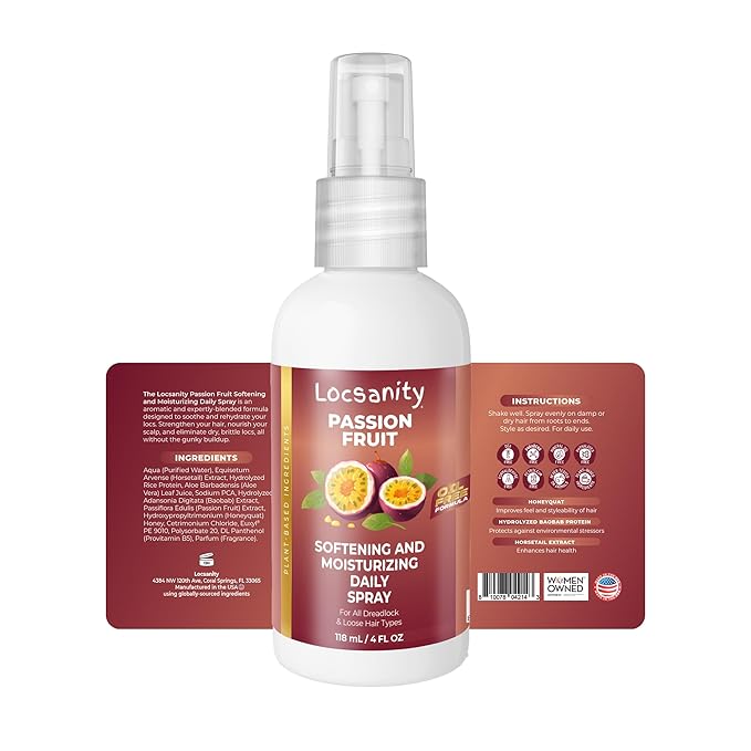 Locsanity Daily Moisturizing Spray for Dull, Dry Locs – Trial Size Passion Fruit Hair and Scalp Moisturizer for Dreadlocks, Sisterlocks, Microlocks, Braids to Control Oil and Frizz (4 fl oz)